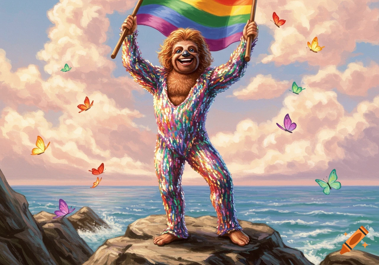 A cheerful anthropomorphic sloth in a sparkly rainbow suit holds a rainbow flag on a rocky coast with butterflies.