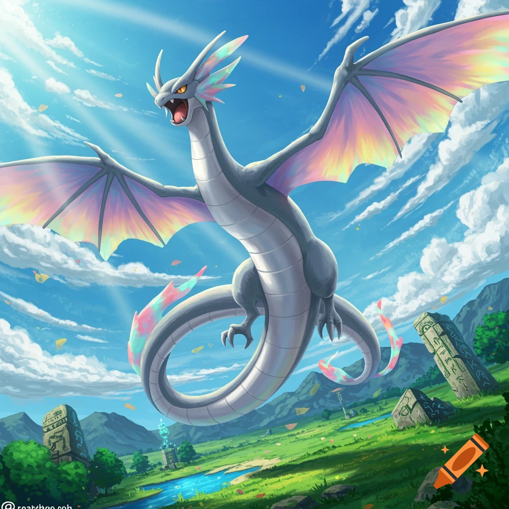 A stylized grey dragon with rainbow-colored wings soars through a bright blue sky above a vibrant green landscape with ancient ruins.
