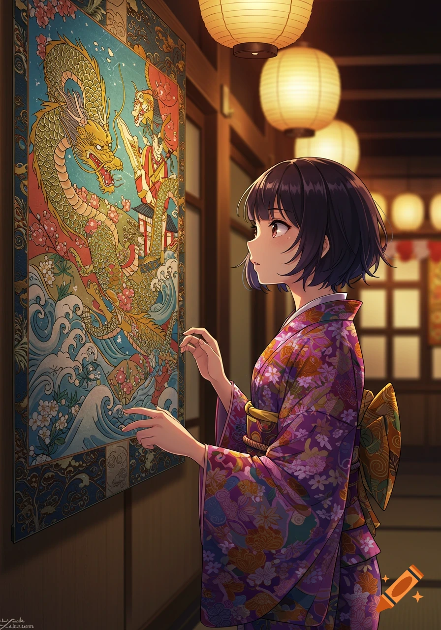 Anime-style Japanese woman in a purple kimono gazing at a colorful tapestry featuring a golden dragon in a traditional room.
