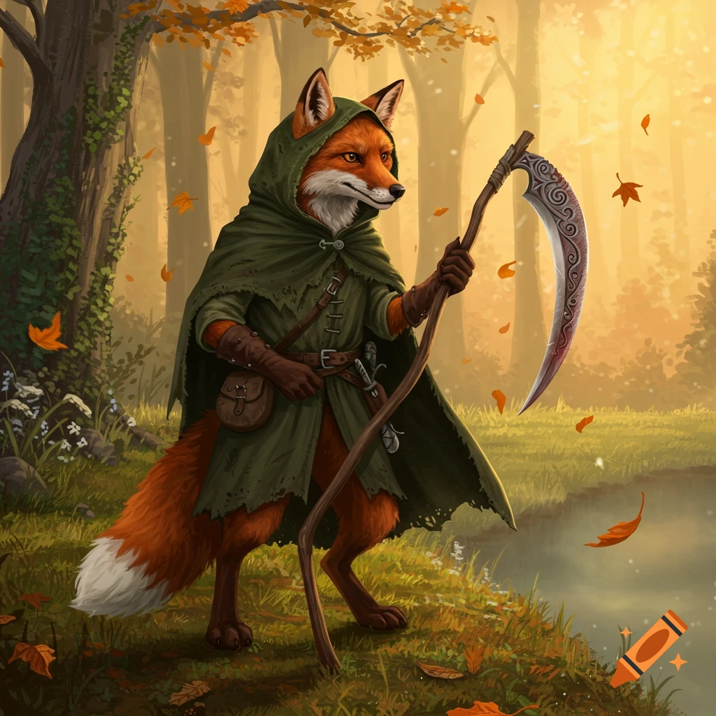 A hooded fox character in a green cloak holds a scythe in an autumn forest by a stream, digital painting.