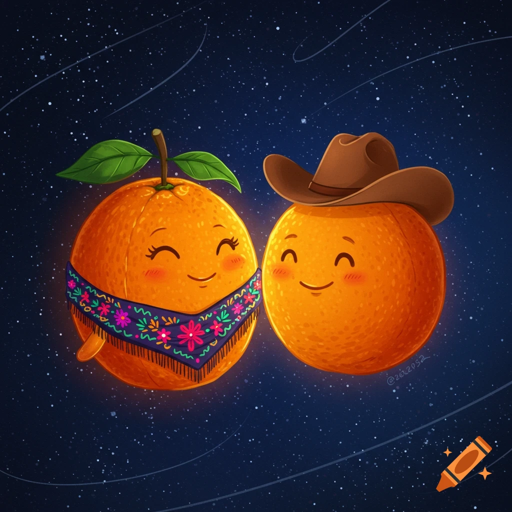 Two smiling cartoon oranges against a starry blue sky, one wearing a colorful bandana and the other a cowboy hat.
