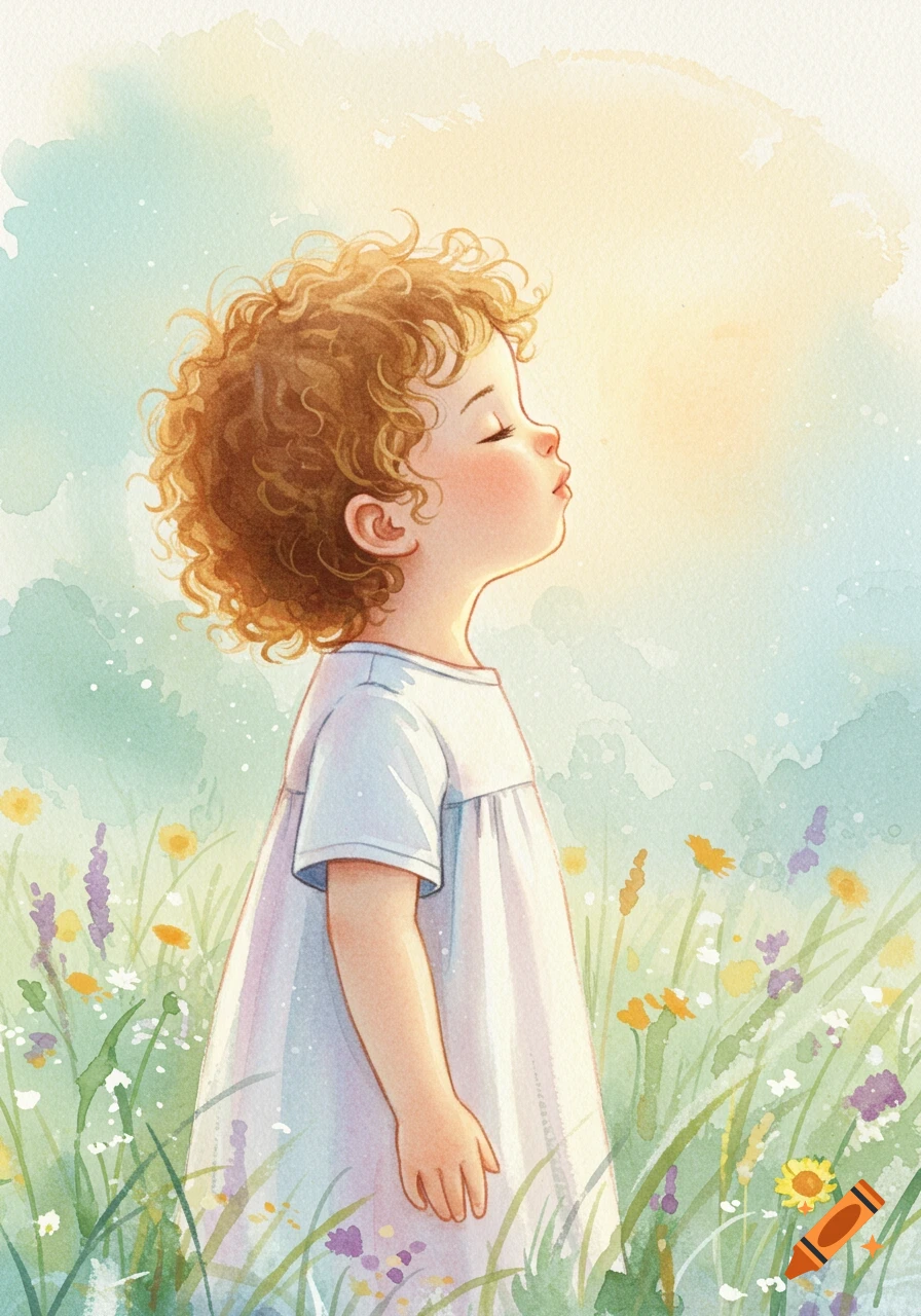 Watercolor illustration of a child with curly hair breathing deeply in a field of wildflowers under a bright sky.