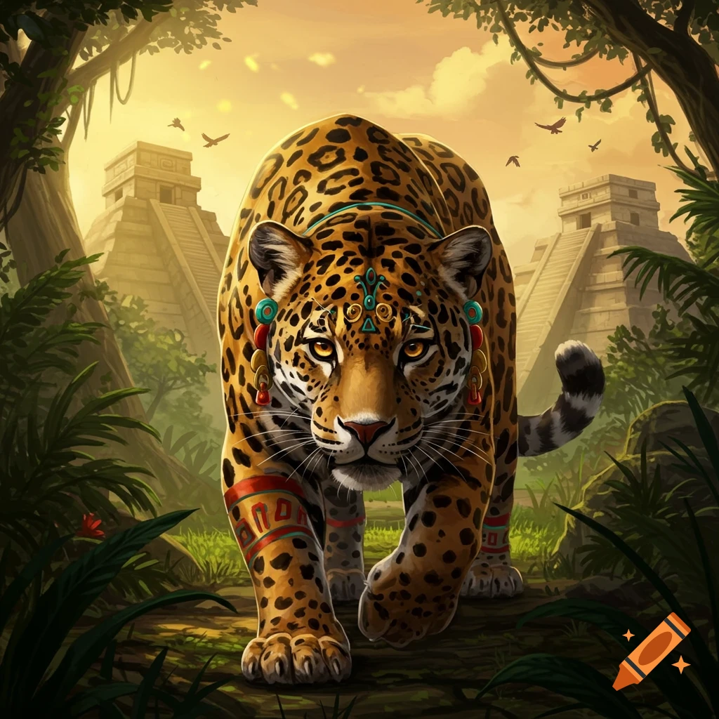 A stylized Aztec jaguar with ornate markings walks forward on a jungle path, with ancient pyramids in the background.