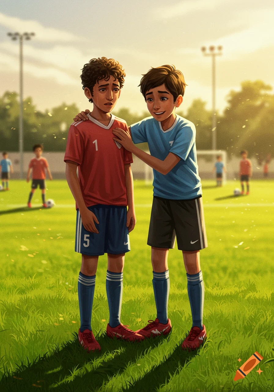 Two boys in soccer uniforms on a field. One boy with curly hair cries, while the other comforts him with a hand on his shoulder. Sunny day.