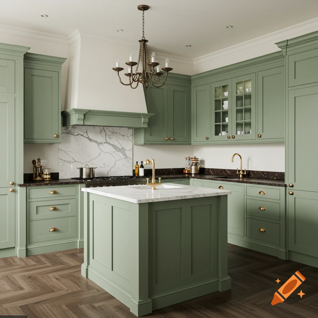 Photorealistic image of a traditional kitchen with sage green cabinets, dark granite countertops, brass hardware, a central island, and a chandelier.