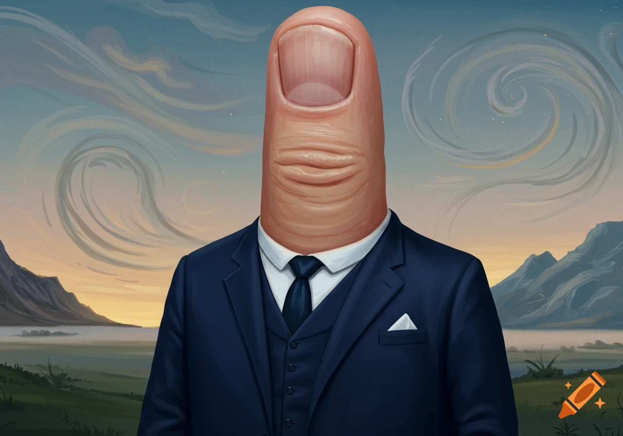 A man in a dark suit with a large human thumb for a head stands in a painterly landscape with mountains and a cloudy sky.