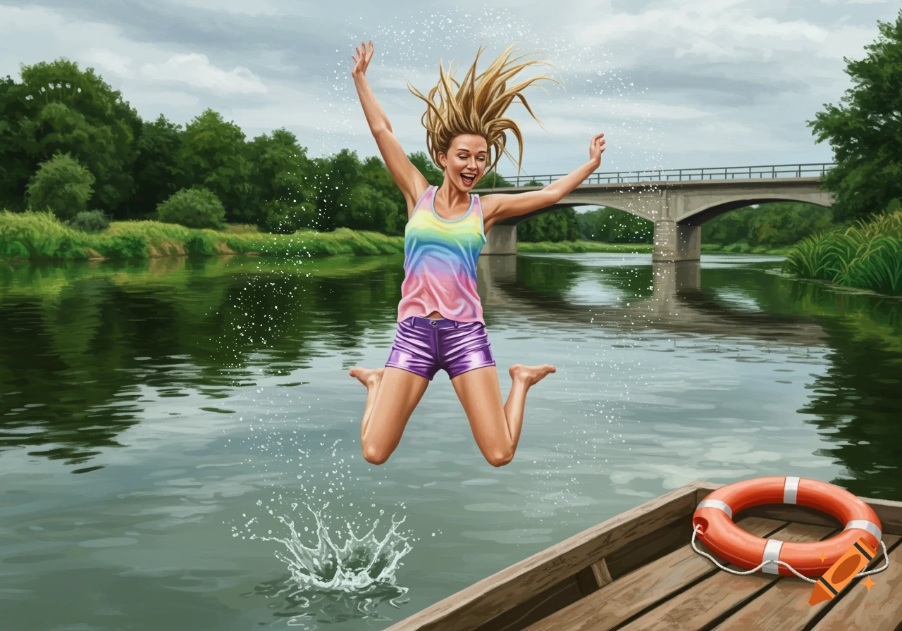 A joyful woman in a rainbow top and purple shorts jumps into a river from a dock, water splashing, under an overcast sky.