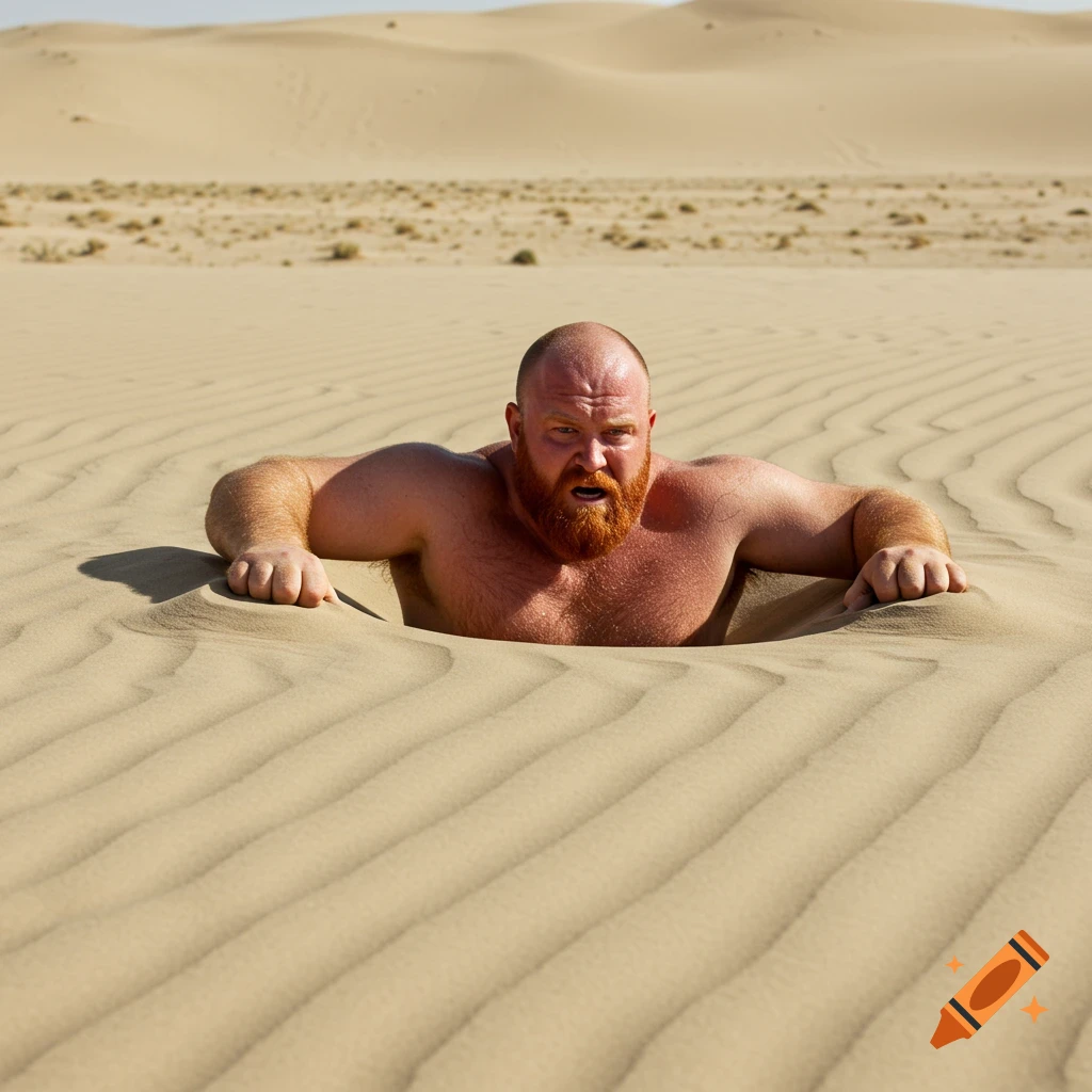 A shirtless bald man with a red beard struggles to emerge from a hole in the sand in a vast desert.