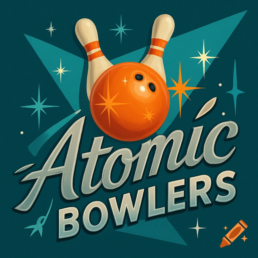 Retro-style bowling logo featuring two pins, an orange bowling ball, and the words 'Atomic Bowlers' on a teal background with stars.