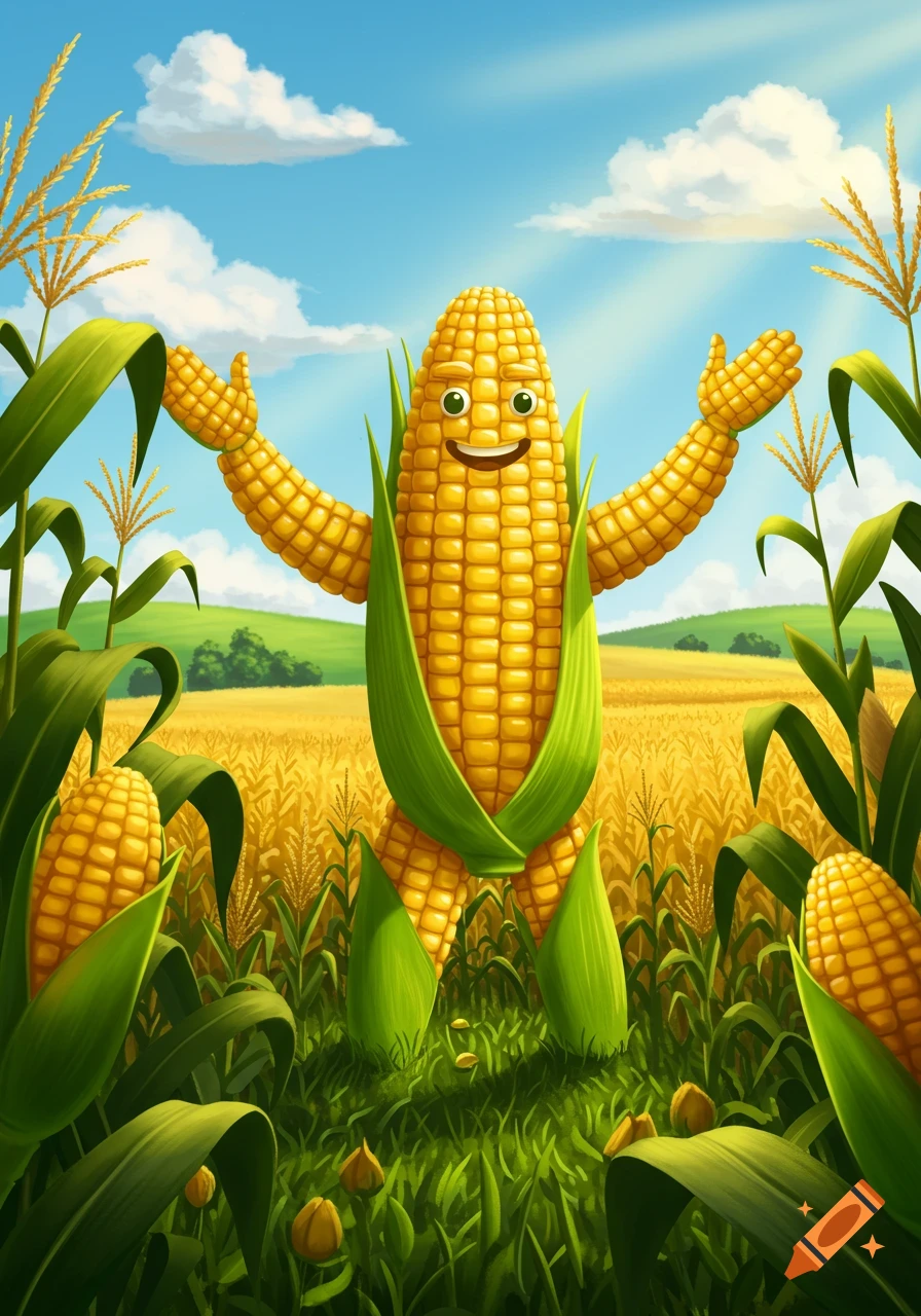 A smiling, cartoon corn cob character with arms and legs stands in a sunny cornfield.