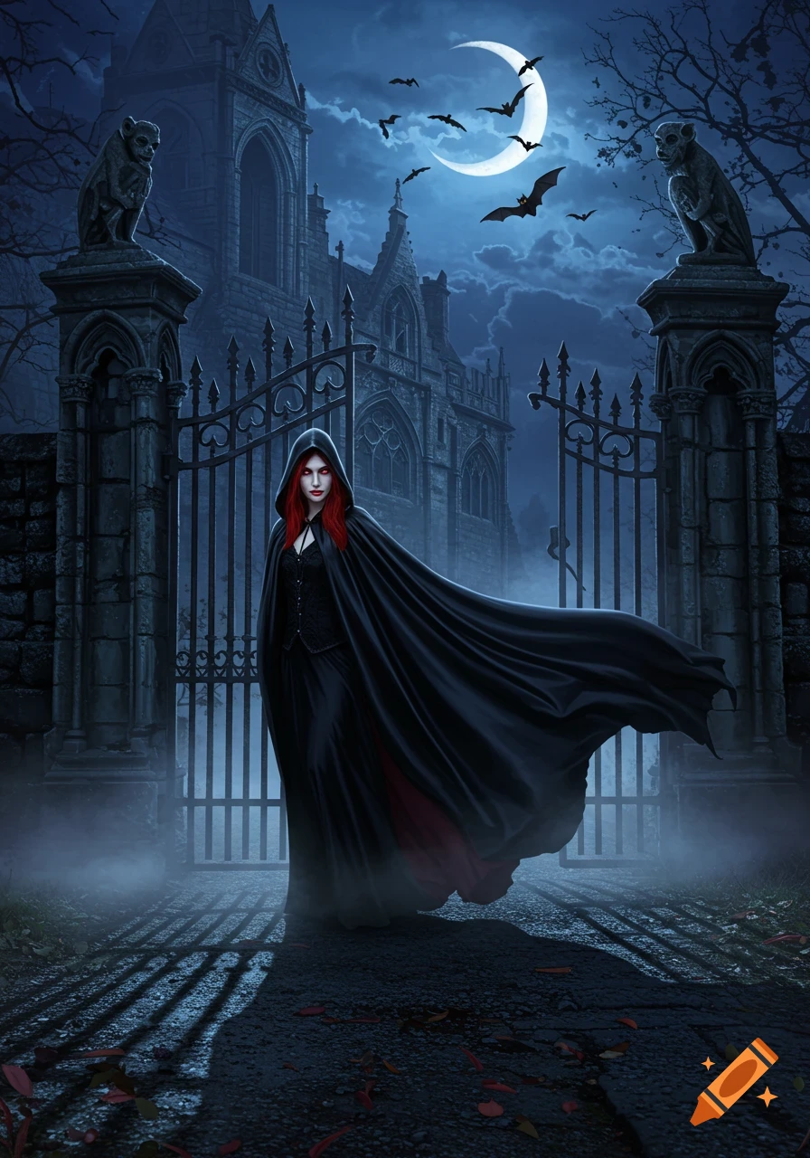 A woman in a black hooded cloak with red hair and glowing eyes stands before a gothic gate and castle under a crescent moon with bats flying.