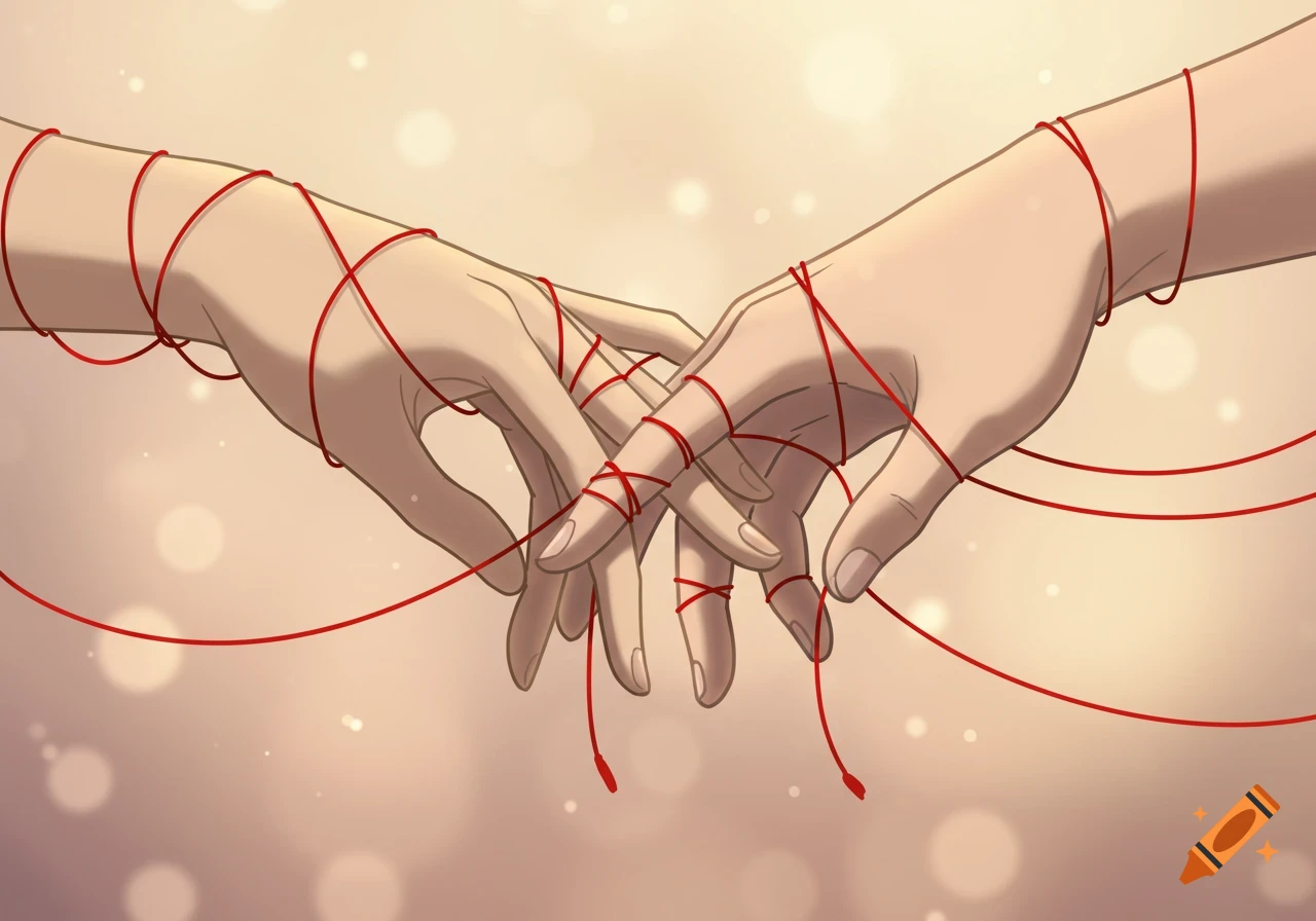 Anime-style close-up of two hands entangled with red string, representing the red string of fate.