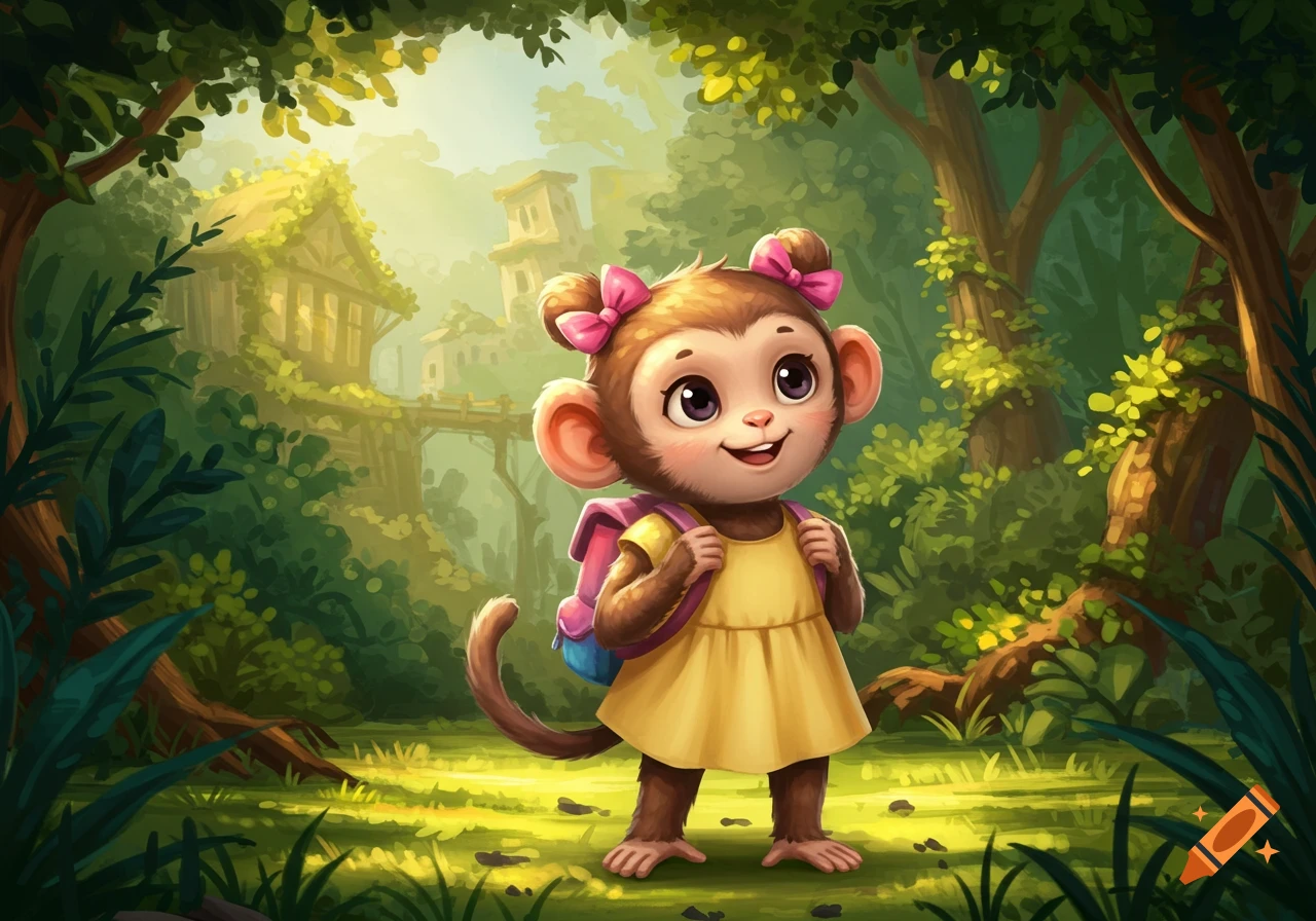 Cute cartoon monkey with pink bows, yellow dress, and backpack smiles in a lush forest with distant buildings.