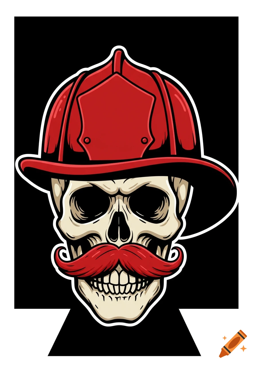 A stylized skull wearing a red firefighter helmet and a red mustache, against a black background in clipart style.
