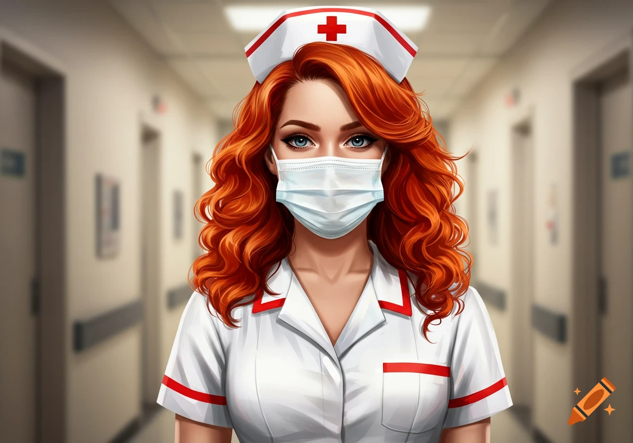 Illustrated red-headed nurse wearing a surgical mask and white uniform in a hospital hallway.