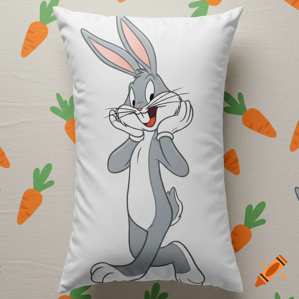 Bugs Bunny cartoon character on a white body pillow against a background patterned with orange carrots.