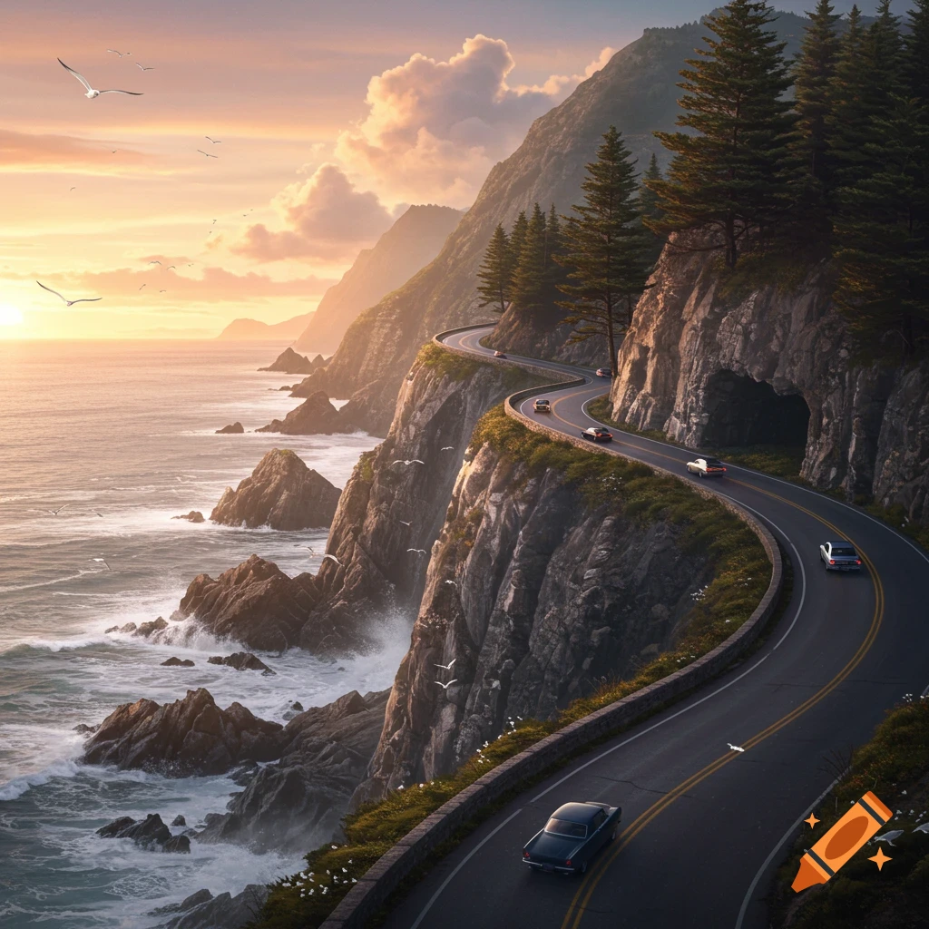 Photorealistic image of a scenic winding coastal road on a cliffside with cars, ocean waves, and mountains at sunset.