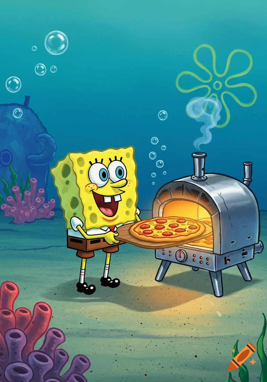 SpongeBob putting a pizza into a portable pizza oven underwater.