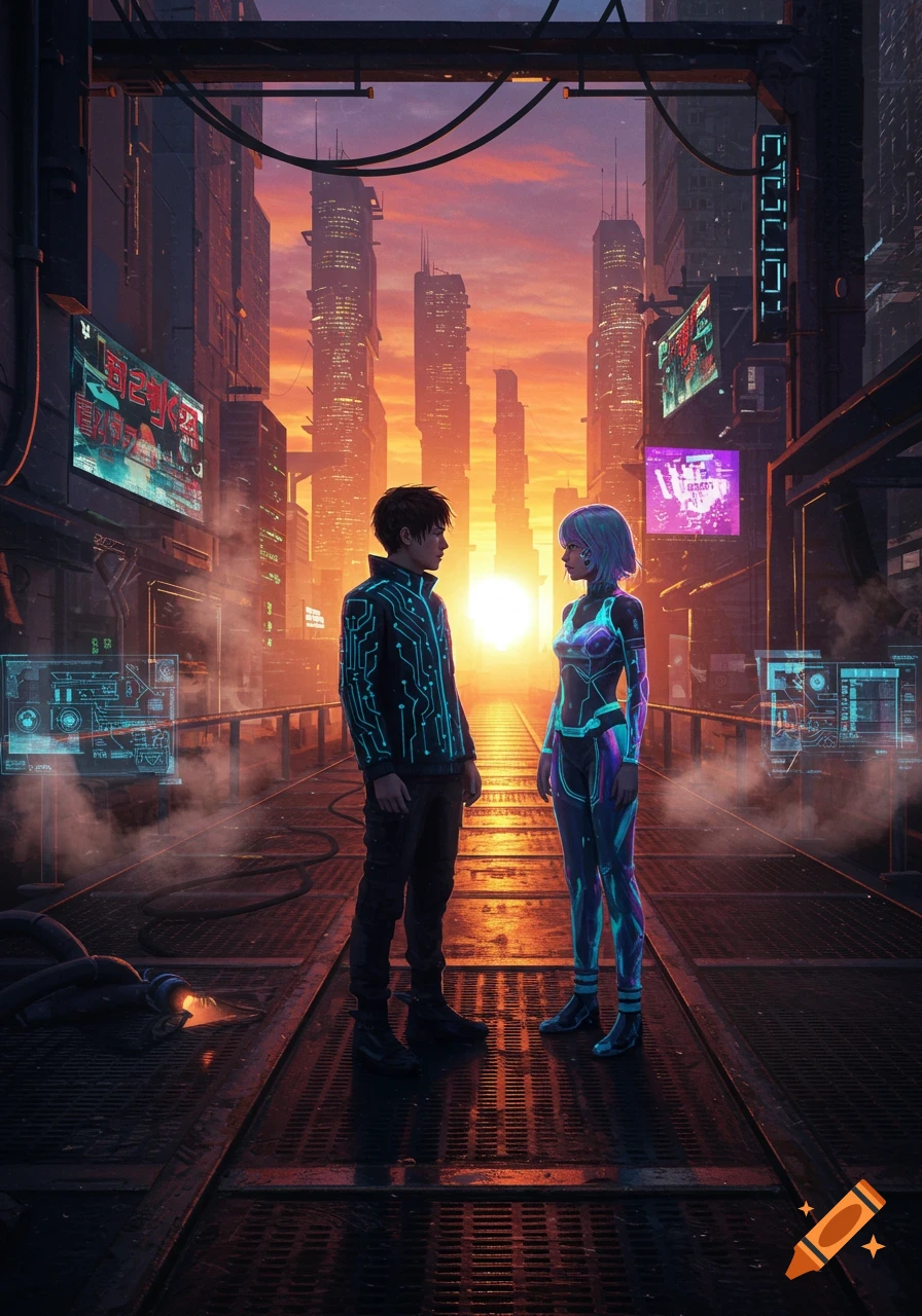 A man and a woman in futuristic outfits stand facing each other on a elevated platform in a cyberpunk city at sunset, with tall buildings and glowing signs.