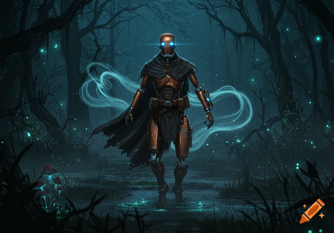 A copper metal robot with glowing blue eyes and a dark cloak stands in a dark, misty forest, surrounded by magical blue smoke.