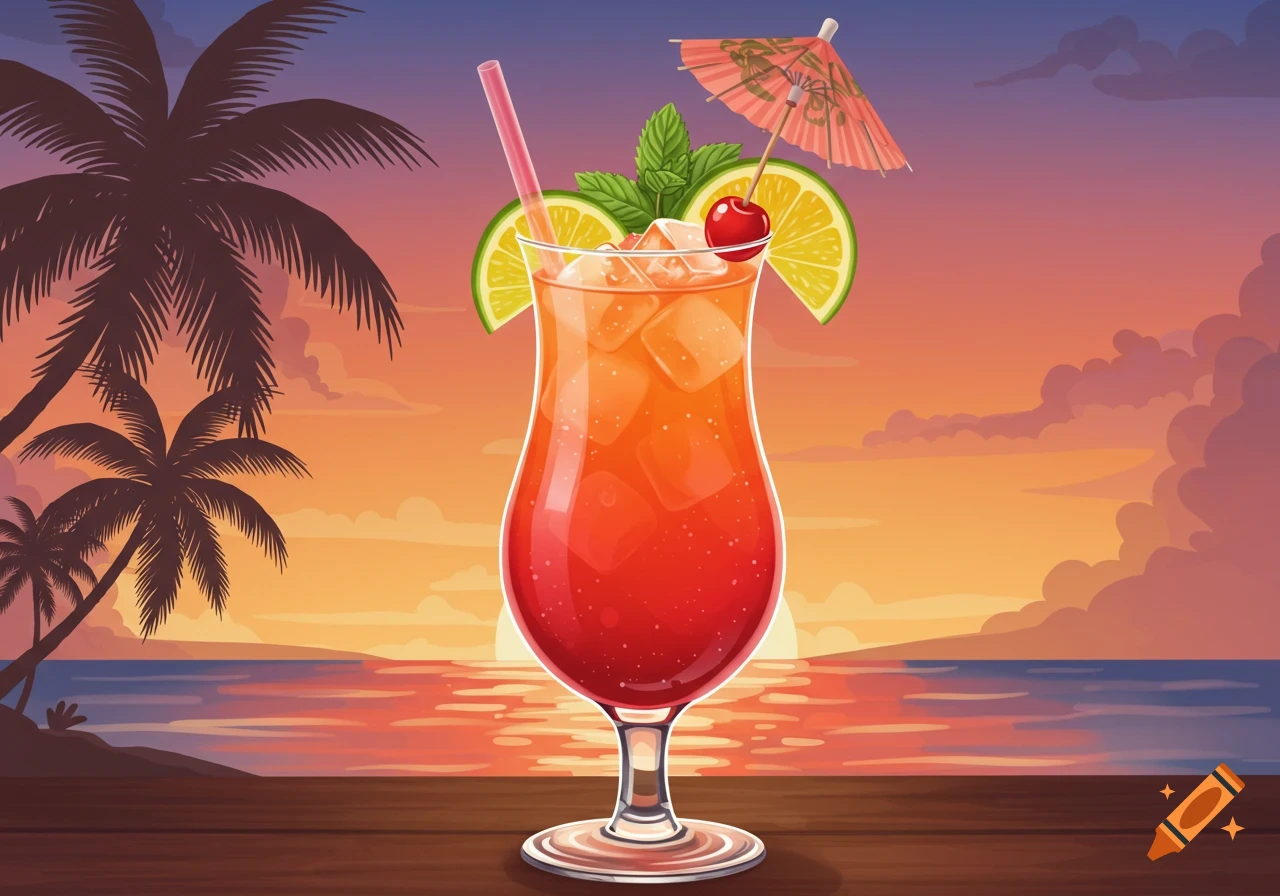 A vibrant rum punch cocktail with ice, lime slices, mint, and a cherry, garnished with a tiny umbrella, on a wooden table with a tropical sunset beach background.