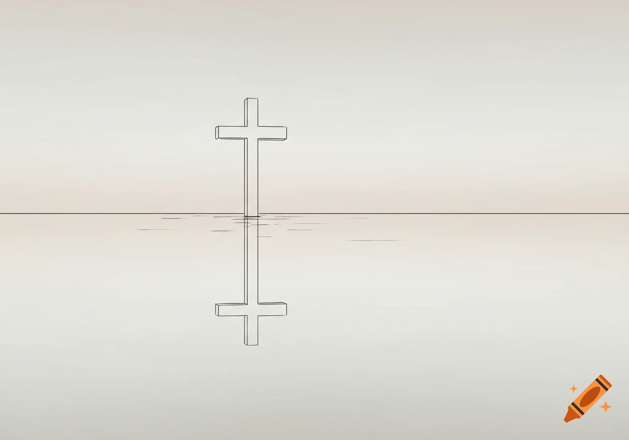 A minimalist line drawing of a Christian cross reflecting in still water against a plain background.