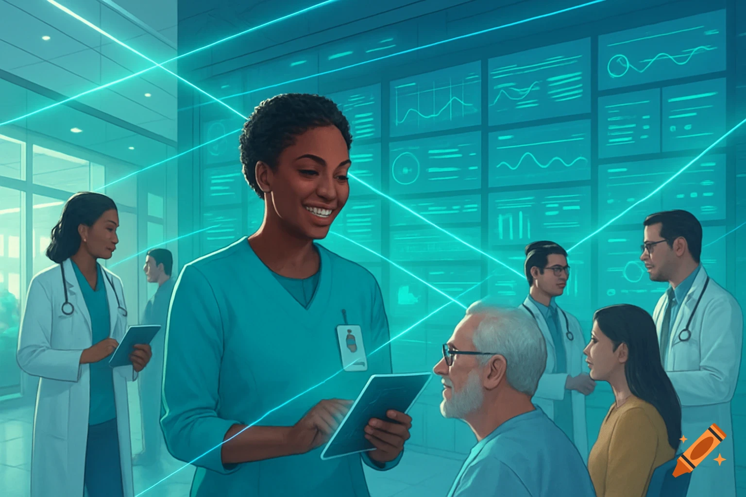 A smiling Black nurse uses a tablet while speaking to an older male patient in a futuristic medical facility with other healthcare workers and digital displays.