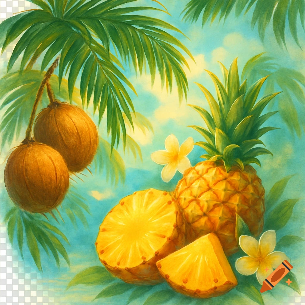 A vibrant painting of tropical fruits, including whole and sliced pineapples, coconuts, and white plumeria flowers, surrounded by palm fronds under a bright sky.