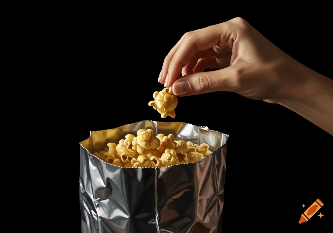 A photorealistic close-up of a hand reaching into a foil bag to pick up a piece of popcorn against a black background.