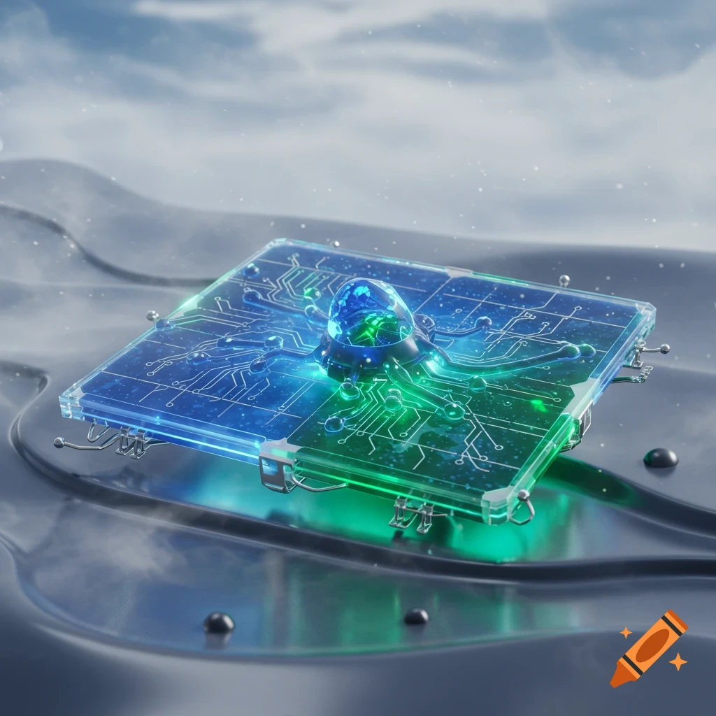 A glowing, futuristic transparent circuit board with blue and green elements and a central liquid orb, against a blurred snowy landscape.