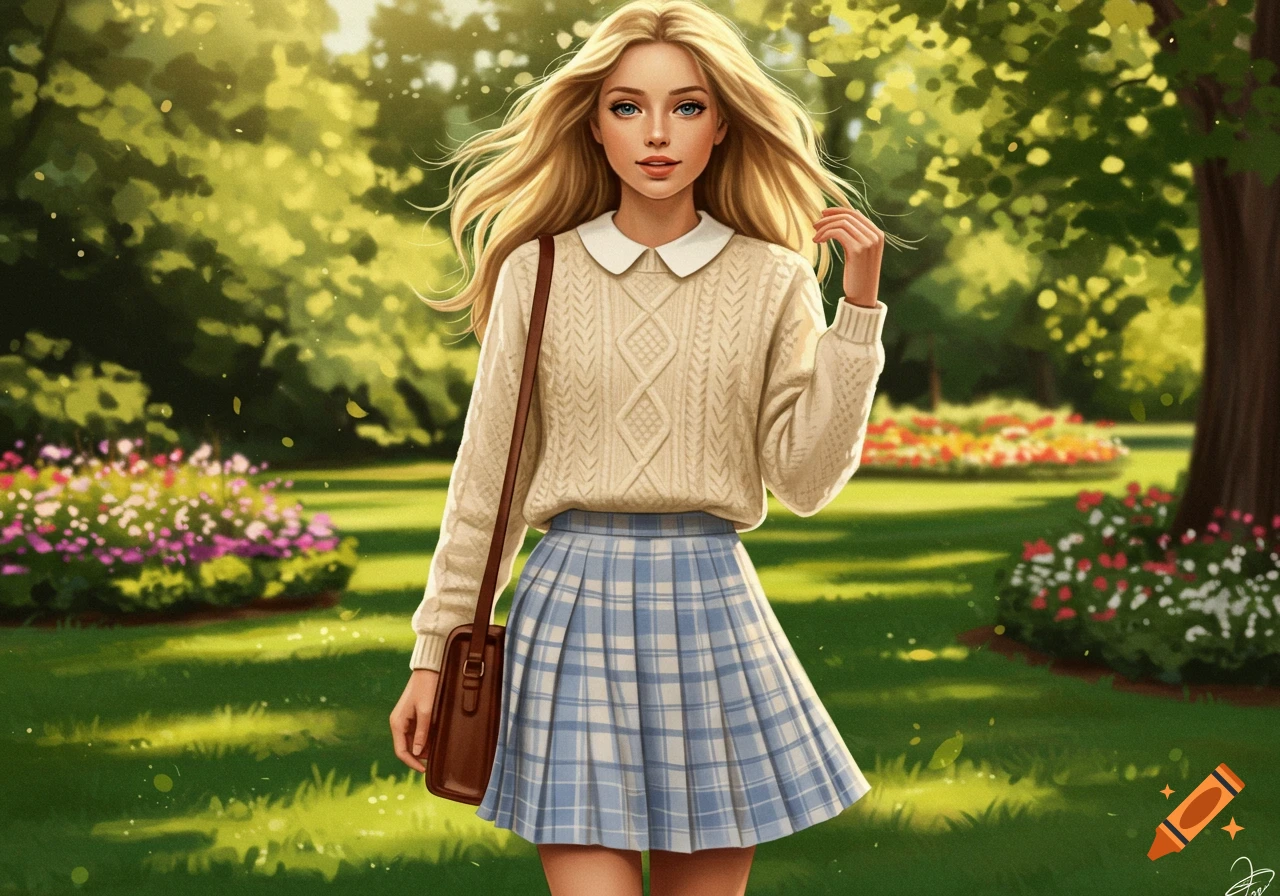 A blonde girl in a cream sweater and plaid skirt with a brown satchel walks through a sunlit park with flowers, digital art style.