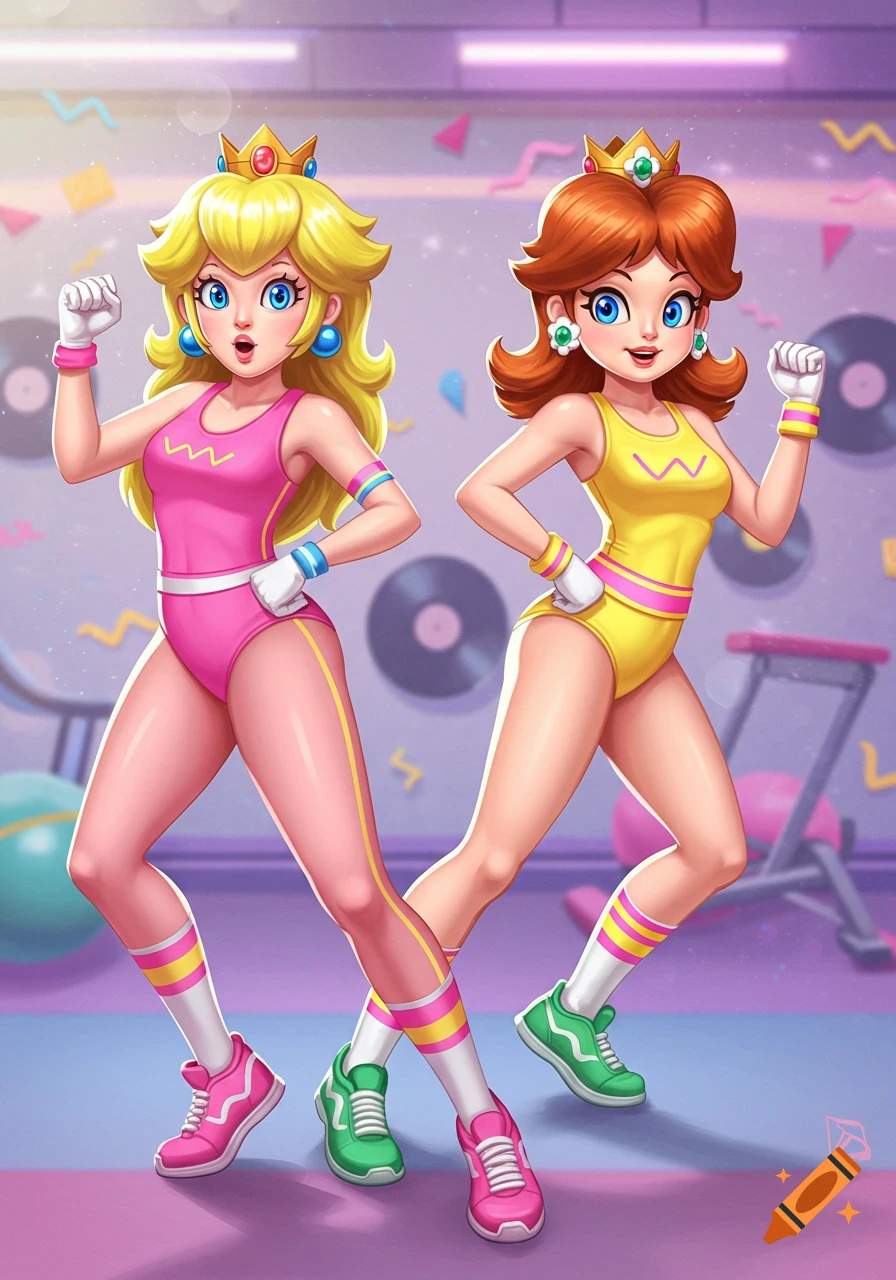 Princess Peach and Princess Daisy in 80s style workout leotards pose in a retro gym. Digital art.