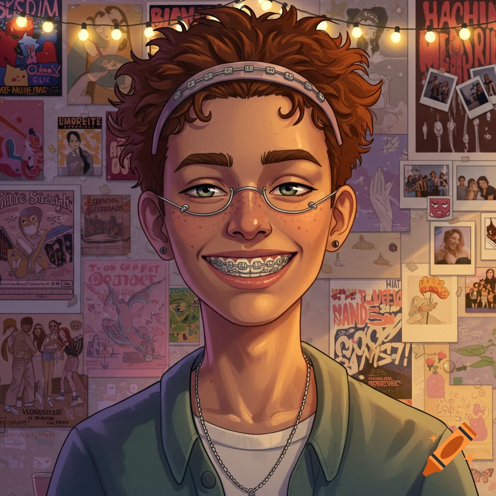 A smiling person with curly brown hair, glasses, and braces, wearing a headband and green shirt, against a wall covered in posters and string lights.