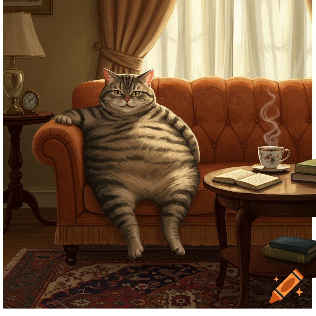 A portly striped tabby cat sits on an orange couch in a relaxed, human-like pose, with a teacup and books on a nearby table.