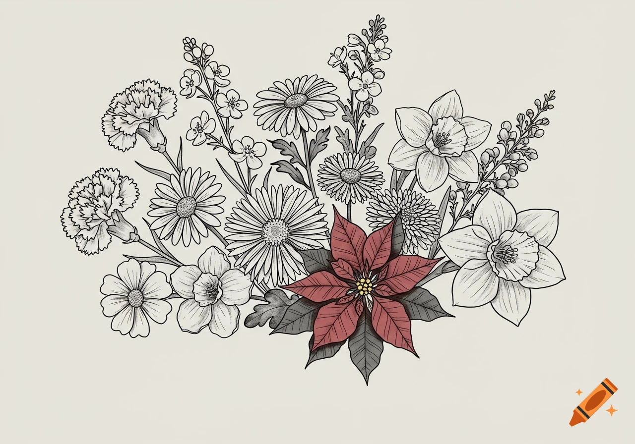 A line art drawing of a flower bouquet with a red poinsettia at the center, surrounded by black and white carnations, daisies, daffodils, and other blossoms.