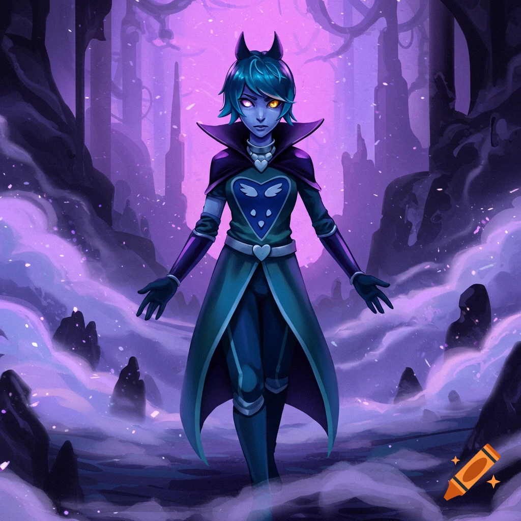 A blue-skinned character with horns and a dark cloak stands in a misty purple fantasy landscape, in an anime style.