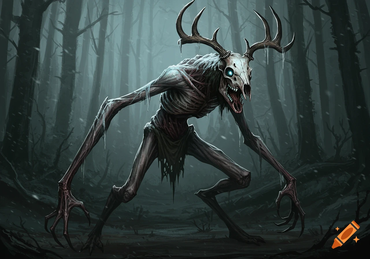 A gaunt wendigo creature with a deer skull for a head, glowing blue eyes, and antlers, standing in a dark, snowy forest.