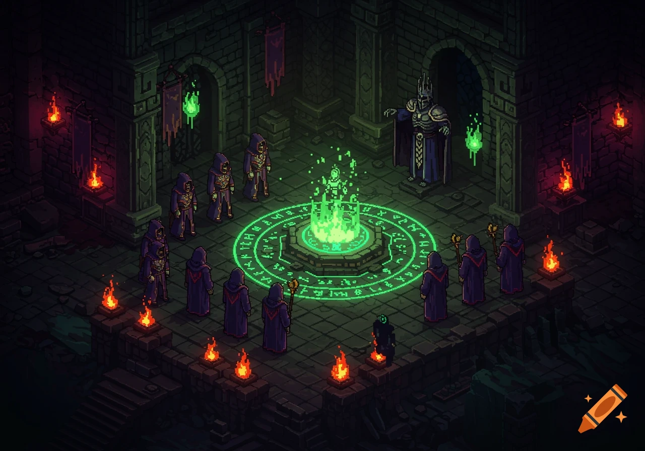 Pixel art of a dark fantasy ritual with hooded figures, a skeletal lich king, and glowing green runes in an underground crypt.
