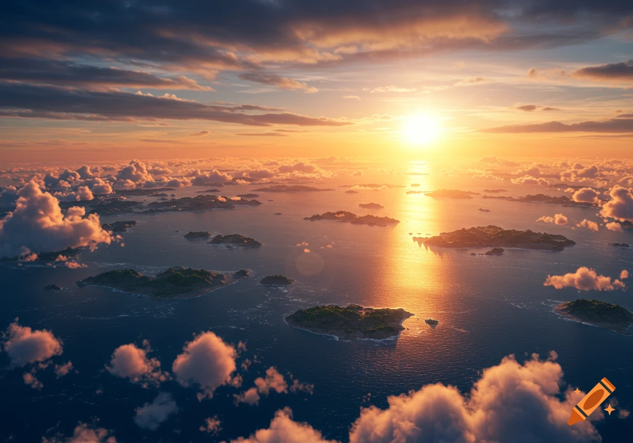Aerial view of a vibrant sunset over an archipelago, with numerous small islands scattered across the calm ocean under a dramatic cloudy sky.