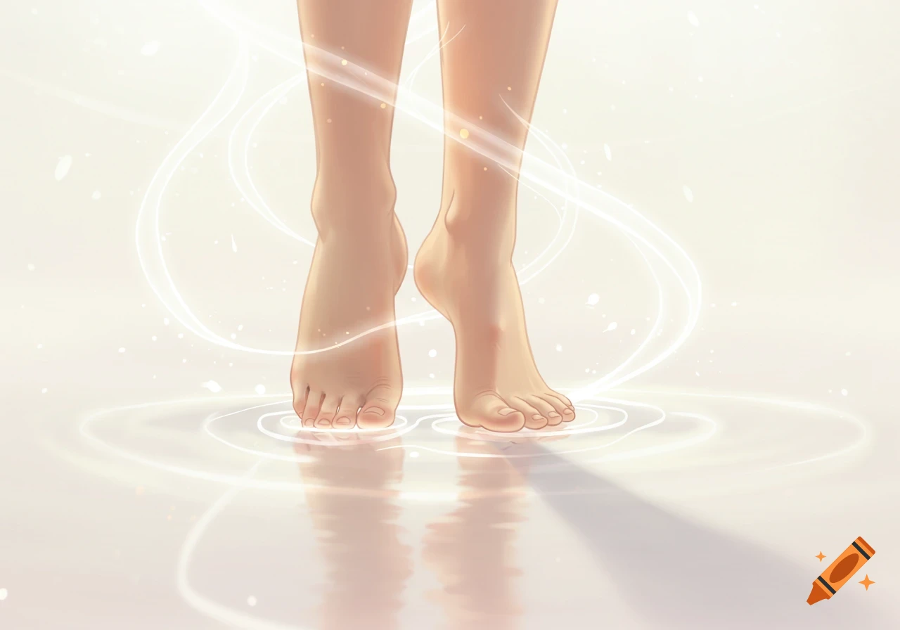 Bare anime feet standing on a reflective surface surrounded by glowing white energy and ripples.