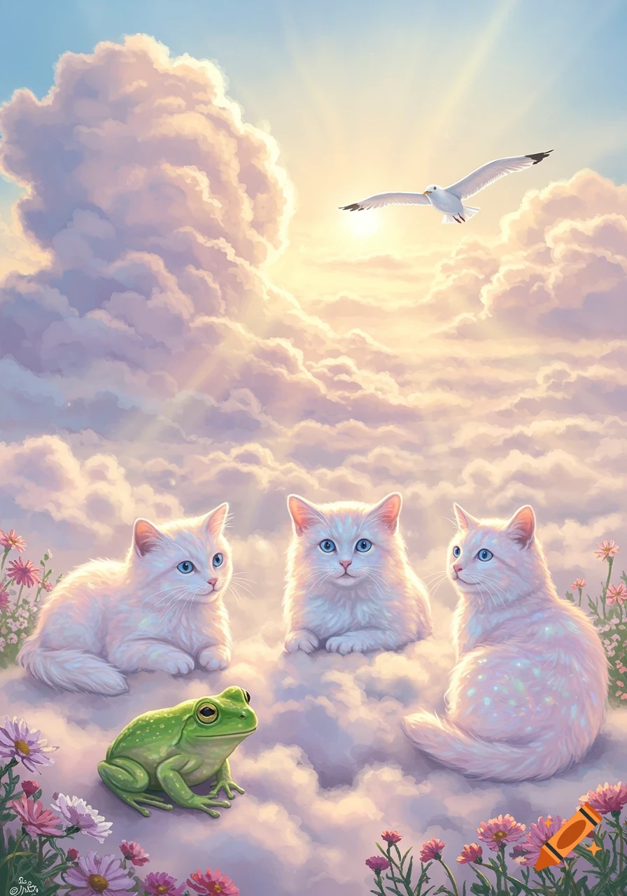 Three white cats, a green frog, and a seagull float on soft clouds amidst pink flowers, bathed in ethereal sunlight.