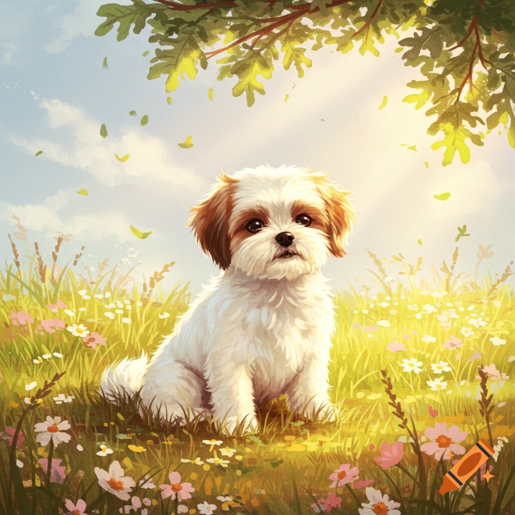 A cute white and brown shih tzu puppy sits in a sunny field of green grass and colorful wildflowers under a tree. Illustrated style.