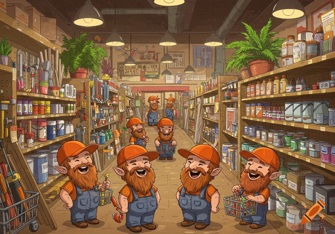 Cartoon gnomes in orange caps and overalls laugh while shopping in a busy hardware store.