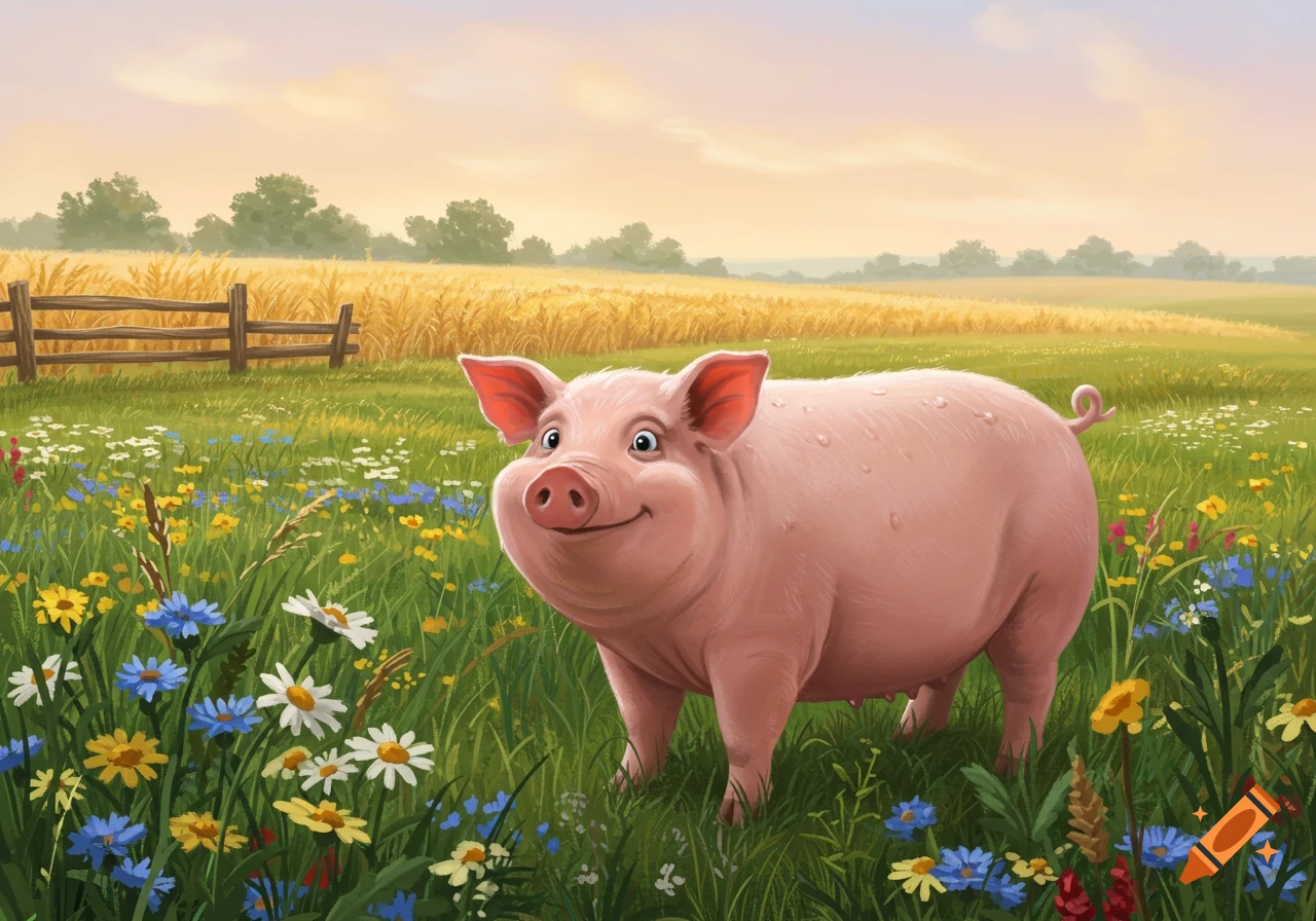 A cheerful pink pig stands smiling in a vibrant field of colorful wildflowers, with a wheat field and fence in the background, in an illustration style.