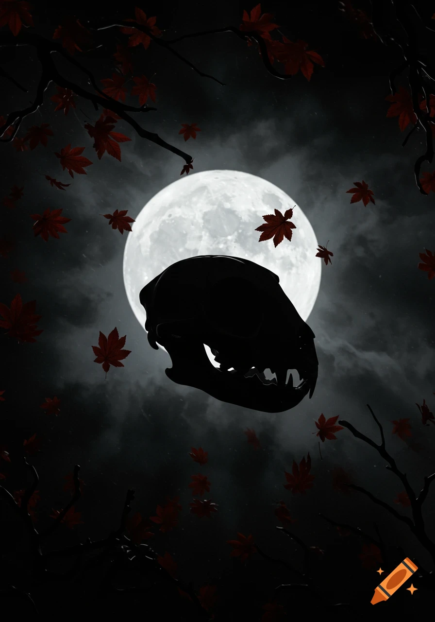 A black silhouette of a cat skull against a bright full moon, with dark branches and scattered red maple leaves in a dark, cloudy sky.