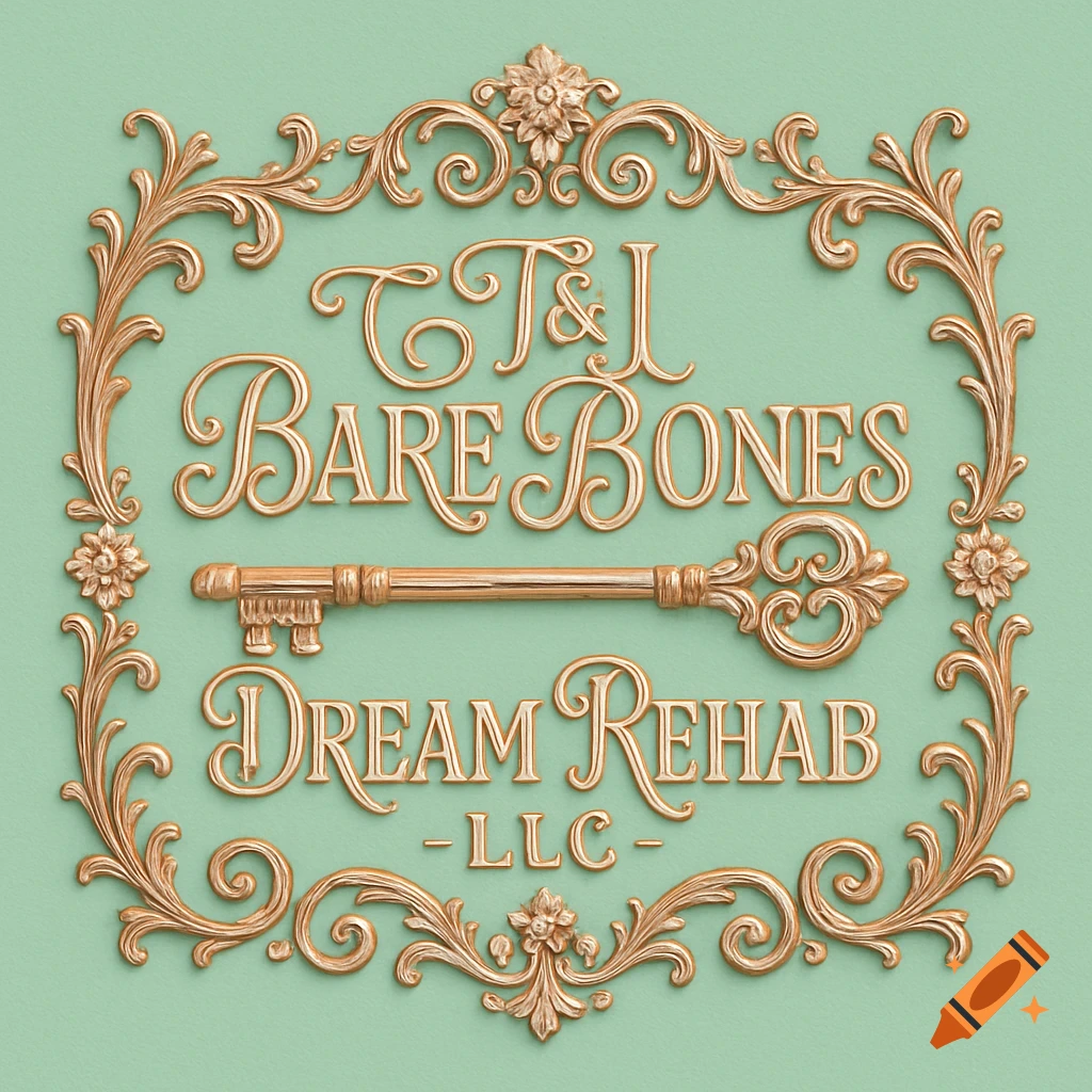 Rose gold ornate logo on a mint green background with the text 'T&J Bare Bones Dream Rehab LLC' and a horizontal key.