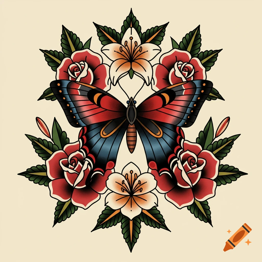 An American traditional tattoo style illustration of a vibrant red and blue butterfly surrounded by red roses and white lilies on a cream background.
