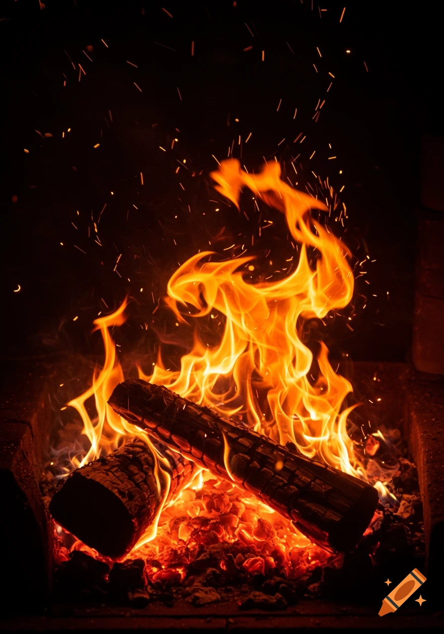 Photorealistic close-up of burning logs and glowing embers in a fireplace with bright orange flames and sparks.