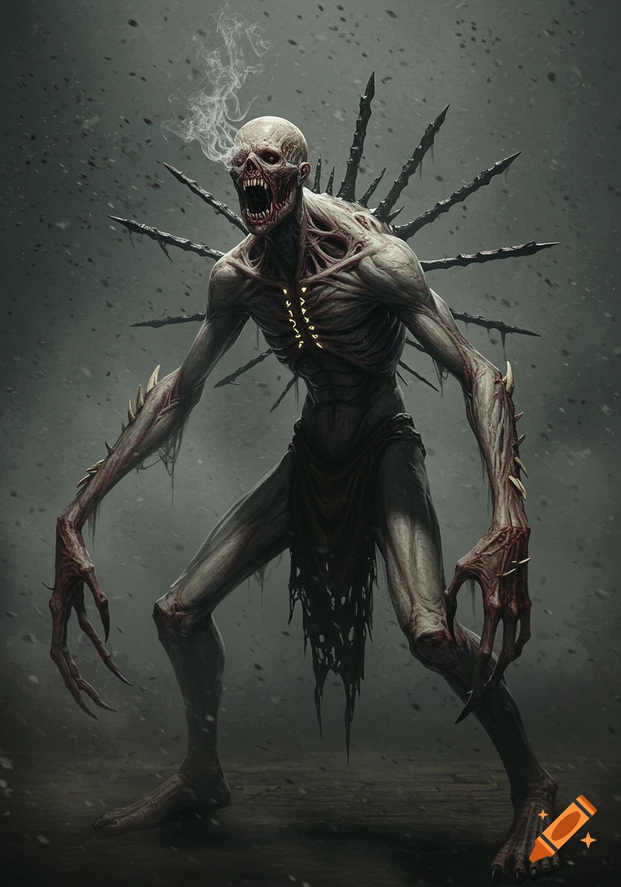 A terrifying, hunched humanoid monster with pale skin, elongated limbs, clawed hands, a large vertical mouth, and jagged spikes protruding from its back, stands in a misty, chaotic scene.