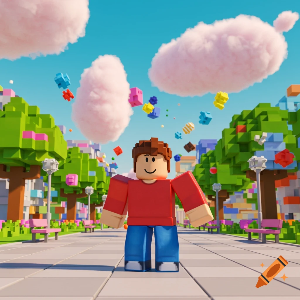 A 3D rendered Roblox character stands on a path in a colorful, blocky world with fluffy pink clouds and floating blocks.